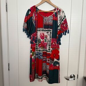 Anthropologie Vanessa Virginia Mini Dress Sz L Red Floral Fringe Sleeve Peasant